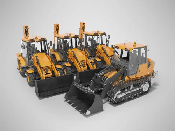 3D rendering of crawler excavator and three backhoe loaders for — Stock Photo, Image