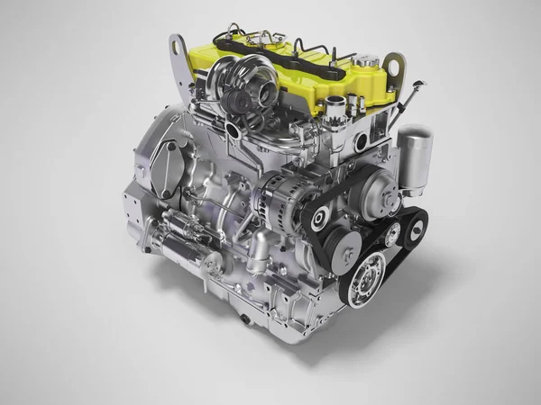 3D απόδοση κίτρινο κινητήρα ντίζελ για την προοπτική του αυτοκινήτου σε γκρι ba — Φωτογραφία Αρχείου