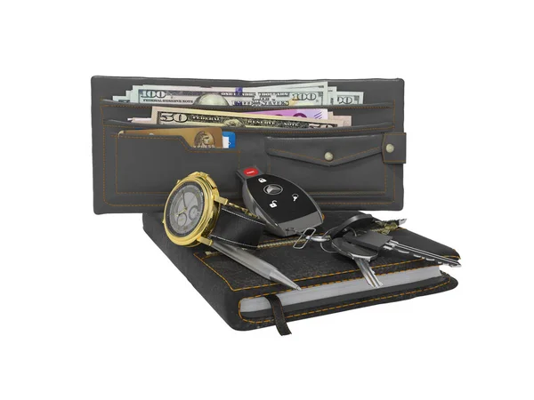 3d renderizado conjunto de negocios de caballero billetera coche llaves reloj no —  Fotos de Stock