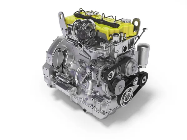 3D рендеринг желтого дизельного двигателя для перспективы автомобиля на белом b — стоковое фото