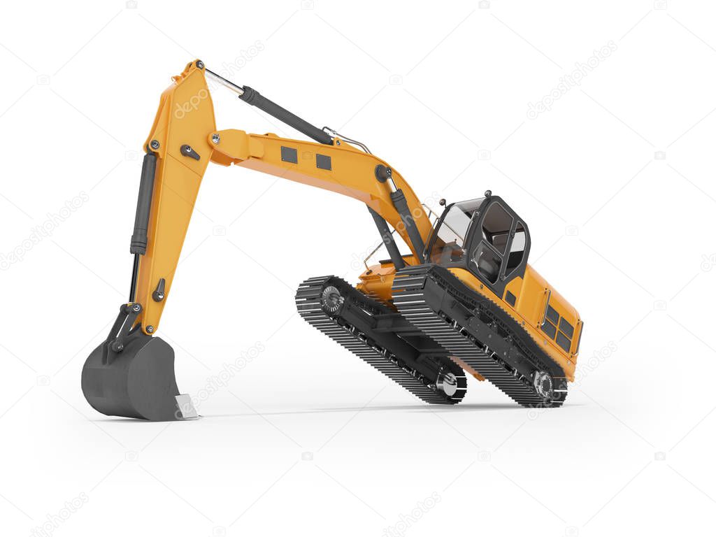 3d rendering concept work crawler excavator with hydraulic bucket on white background with shadow