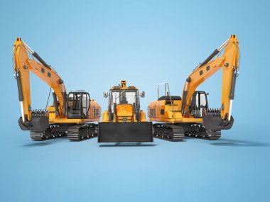 3D rending turuncu inşaat makineleri çok fonksiyonlu çekici ve sürüngen kazıcı mavi arka planda gölgeli