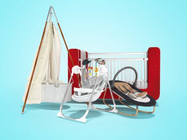 Mavi arka planda uyuyan çocuk için bebek yatağının 3 boyutlu görüntülenmesi