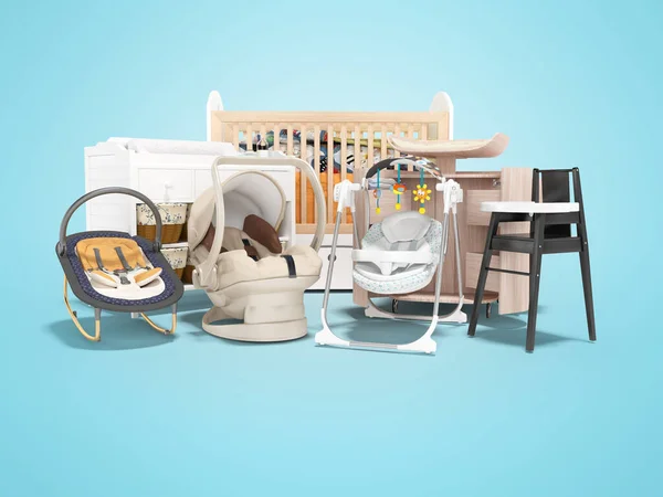 Rendering Concept Baby Rocking Chair Baby Bed Changing Table Pram — Stock Photo, Image