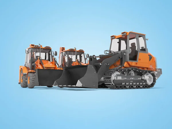 3D rendering of crawler excavator and two backhoe loader on blue background with shadow