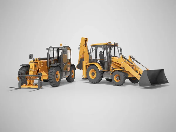 Rendering Oranje Constructie Machines Multifunctionele Trekker Telescopische Graafmachine Grijze Achtergrond — Stockfoto