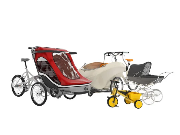 Rendering Group Transport Children Parents Bike Stroller White Background Shadow — Stock Photo, Image