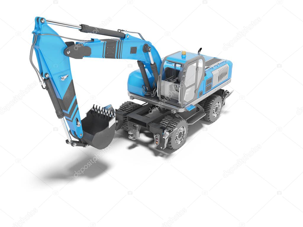Blue hydraulic wheeled excavator perspective view 3D rendering on white background with shadow