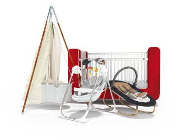 Beyaz arka planda uyuyan çocuk için bebek yatağının üç boyutlu görüntülenmesi gölgeli.