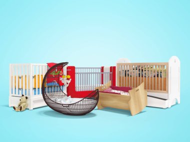 Mavi arka planda uyuyan bebek için grup yatağının 3 boyutlu görüntülenmesi