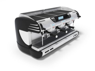 Beyaz arka planda üç boynuzlu profesyonel metal kahve makinesi.