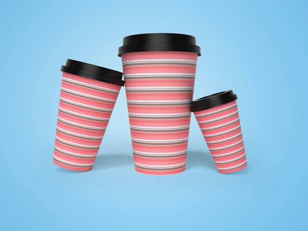 3D rendering of three disposable cups for different containers of hot chocolate on blue background with shadow