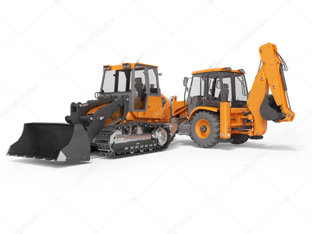 3d rendering orange road equipment loader excavator and crawler excavator on white background with shadow