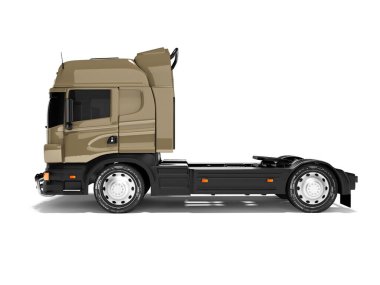 3D görüntüleme kahverengi yol kargo kamyonu yan görünümü beyaz arka planda gölge