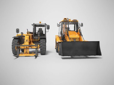 3D turuncu yükleme ekipmanı kepçe yükleyici ve kazıcı teleskopik denetleyici gri arka planda gölgeli