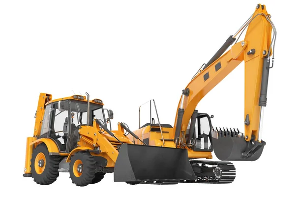 Rendering Orangefarbene Baumaschinen Traktor Und Bagger Auf Weißem Hintergrund Kein — Stockfoto