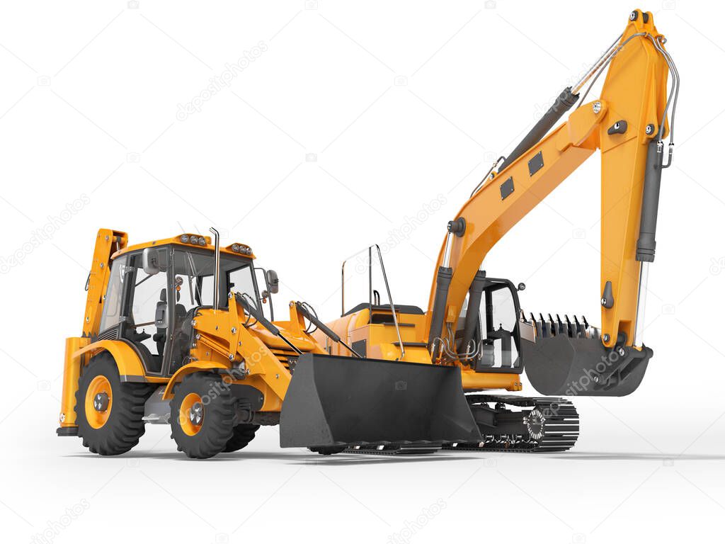 3d rendering orange construction machinery tractor and excavator on white background with shadow