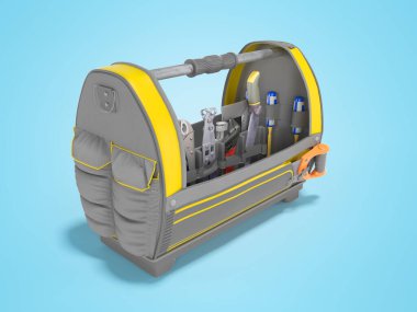 Mavi arkaplan üzerinde ana araç araçları ile 3B çanta açmak gölge ile