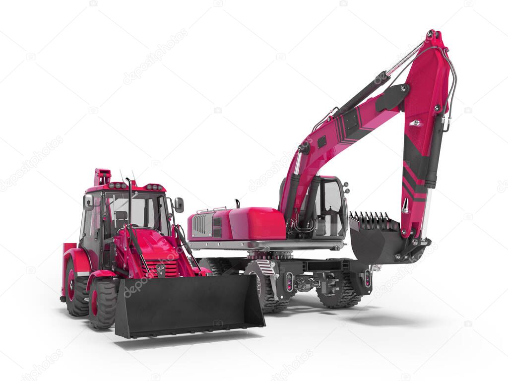 3d rendering purple construction machinery wheeled excavator and excavator loader for work on white background with shadow