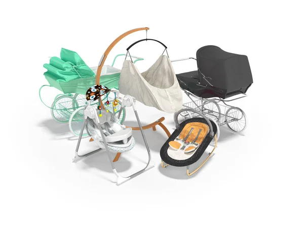 Rendering Concept Set Sleeping Baby Stroller Green Black Hanging Bed — Stock Photo, Image