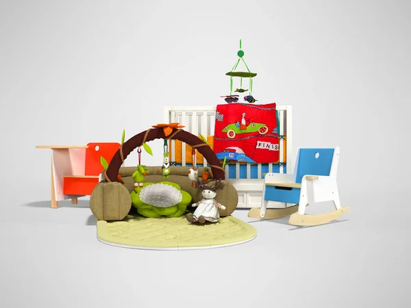 3d rendering of bed for child with play mat with toys and wooden chair and table on gray background with shadow