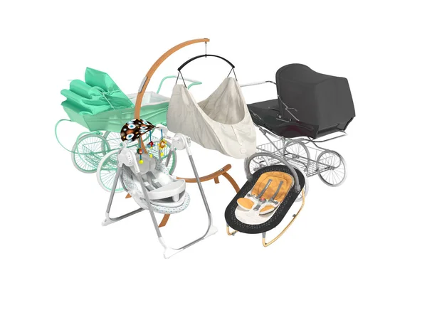 Rendering Concept Set Sleeping Baby Stroller Green Black Hanging Bed — Stock Photo, Image