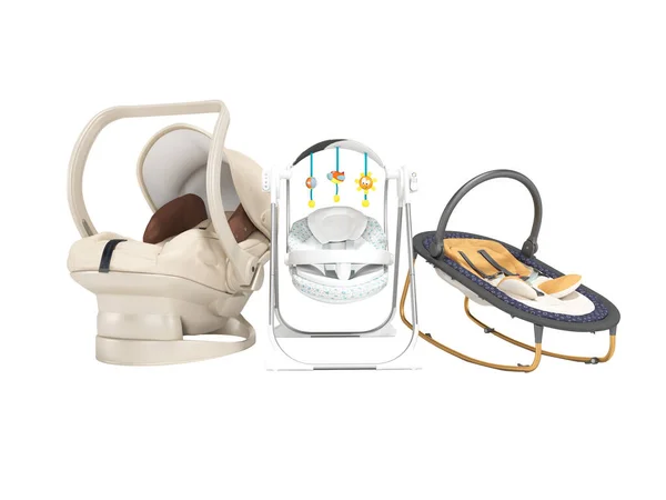 Rendering Group Rocking Chair Baby Car Seat Front View White — Stock Photo, Image