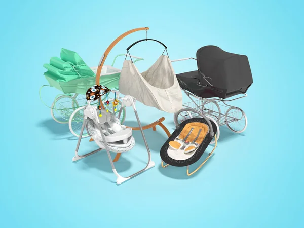 Rendering Concept Set Sleeping Baby Stroller Green Black Hanging Bed — Stock Photo, Image