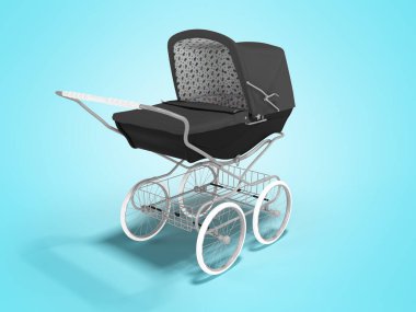 Mavi arka planda bagajlı siyah bebek arabası ve gölgesi olan 3D görüntüleme