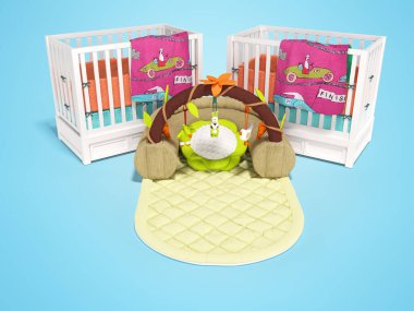 Mavi arka planda oyun hasırı ve gölgesi olan çocuklar için üç boyutlu iki ahşap beşik hazırlıyor