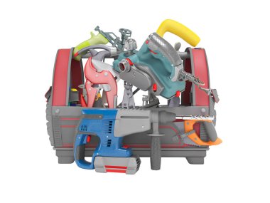 Metal saplı, tamir aletleriyle dolu bir çantanın 3D görüntüsü. Logolar beyaz arkaplanda delgi delgisi var. Gölge yok.