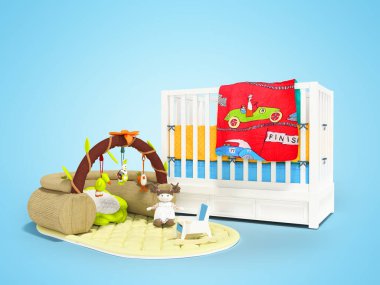 Çocuklar için oyun hasırı ve çocuklar için oyuncaklarla döşenmiş mavi arka planda gölgeli bir yatak