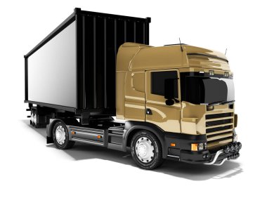 3D rending kahverengi yol nakliyecisi siyah yarı karavan ön görünümü ile gölge ile beyaz arka plan