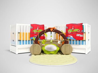 Gri arka planda oyun hasırı ve gölgesi olan çocuklar için üç boyutlu iki tahta beşiği hazırlıyor