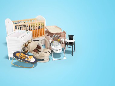 Bebek beşiği için 3 boyutlu mobilya ve aksesuar tasarımı mavi arka planı gölgeli beslemek için masa koltuğu değiştirmek