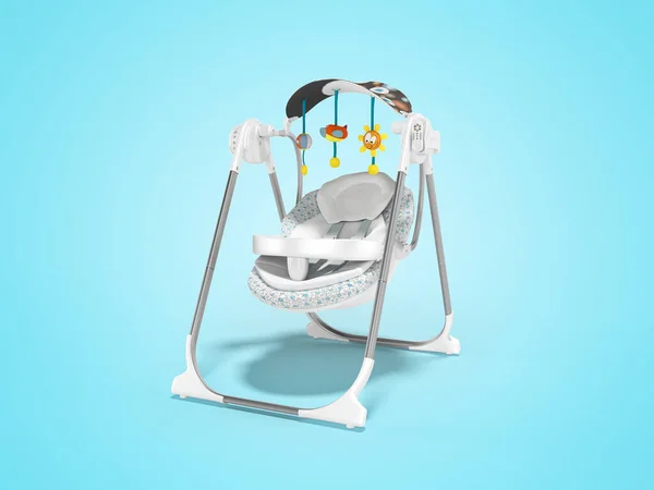 Renderização Bebê Balançando Cadeira Com Brinquedos Pernas Metal Fundo Azul — Fotografia de Stock