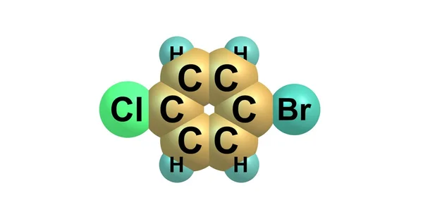 Estructura molecular del 1-bromo-4-clorobenceno aislada en blanco —  Fotos de Stock