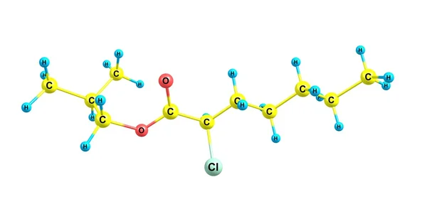 Struttura molecolare del 2-metilprop-1-il R-2-cloroeptanoato isolata su bianco — Foto Stock