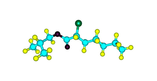 Struttura molecolare del 2-metilprop-1-il R-2-cloroeptanoato isolata su bianco — Foto Stock