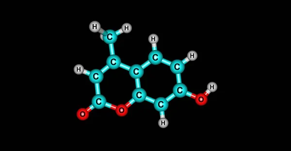Estrutura molecular de Hymecromone isolada no preto — Fotografia de Stock
