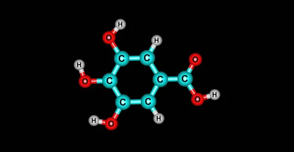 Estrutura molecular do ácido gálico isolado em preto — Fotografia de Stock