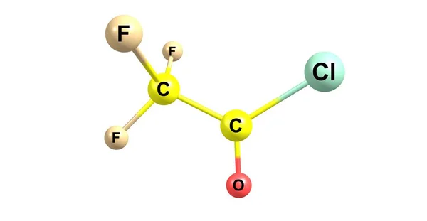 Estrutura molecular do cloreto de trifluoroacetilo isolada sobre branco — Fotografia de Stock
