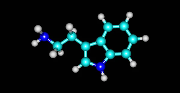 Molekulare Struktur von Tryptamin auf Schwarz isoliert — Stockfoto