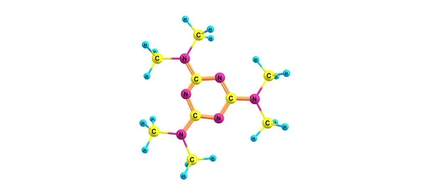 Estructura molecular de 2,4,6-trisdimetilamino-1,3,5-triazina aislada en blanco —  Fotos de Stock