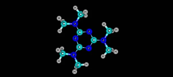 Estrutura molecular de 2,4,6-trisdimetilamino-1,3,5-triazina isolada em preto — Fotografia de Stock