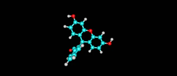 Struttura molecolare della fluoresceina isolata sul nero — Foto Stock
