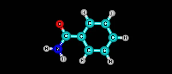 Molekulare Struktur von Benzamid auf Schwarz isoliert — Stockfoto