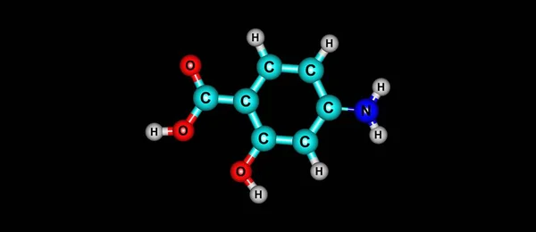 Structure moléculaire de l'acide 4-aminosalicylique isolée sur du noir — Photo