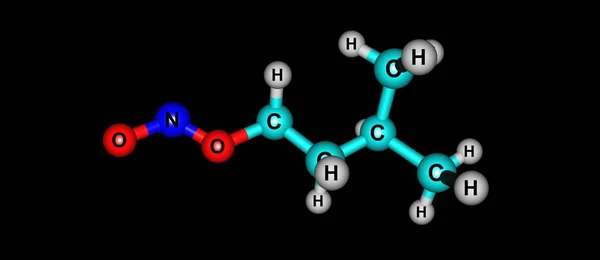 Estructura molecular de nitrito de isoamilo aislada en negro —  Fotos de Stock