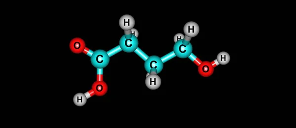 Molekulare Struktur der Hydroxybuttersäure isoliert auf schwarz — Stockfoto